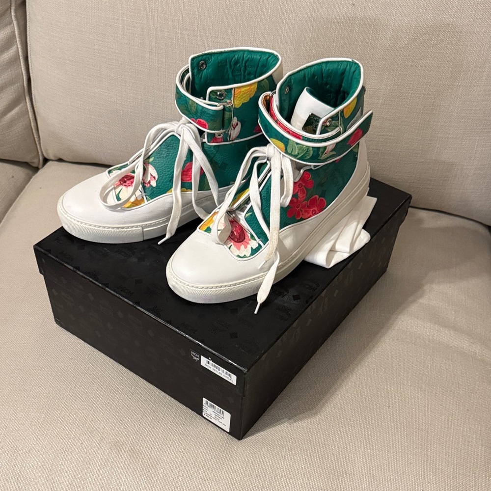 MCM Green and White Floral High-Top Sneakers